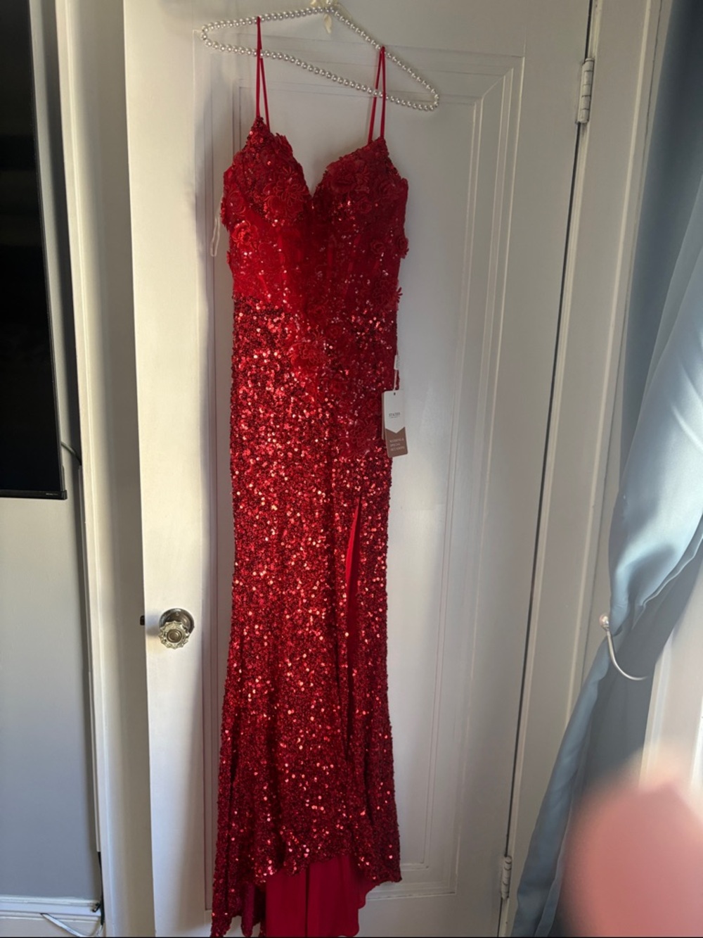 Red Sequin Spaghetti-Strap Prom Dress